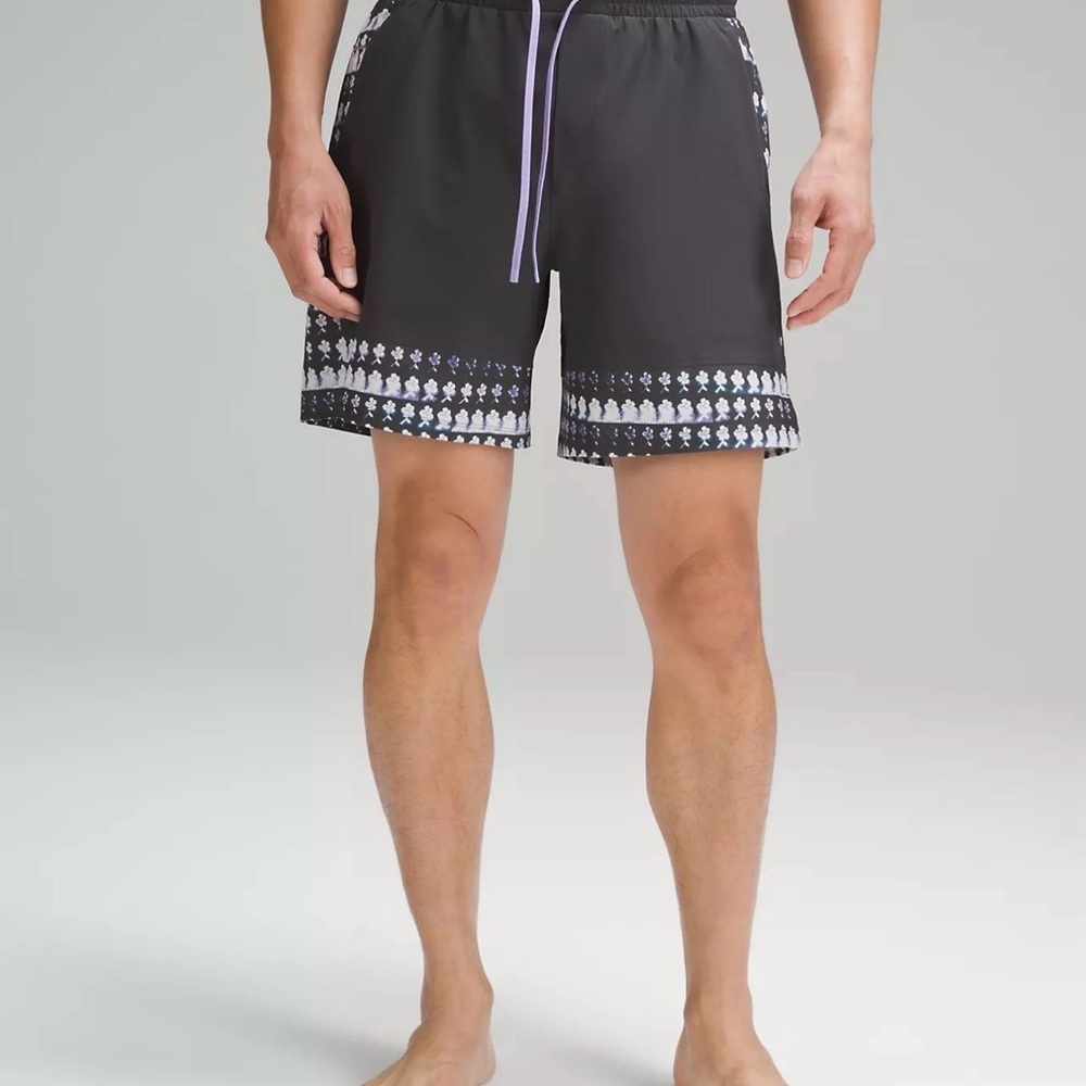 lululemon athletica Black Swim Board Shorts with Lilac Drawcord